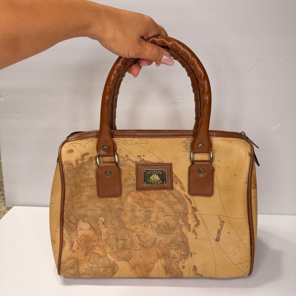 Vintage Pioneer Express World Map Bowling Duffle Bag Satchel Purse Faux Leather